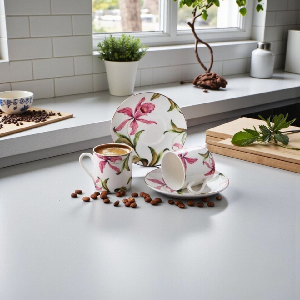 Gönül GNL G3399 Kahve Seti Porselen Pembe Çiçek 2'li