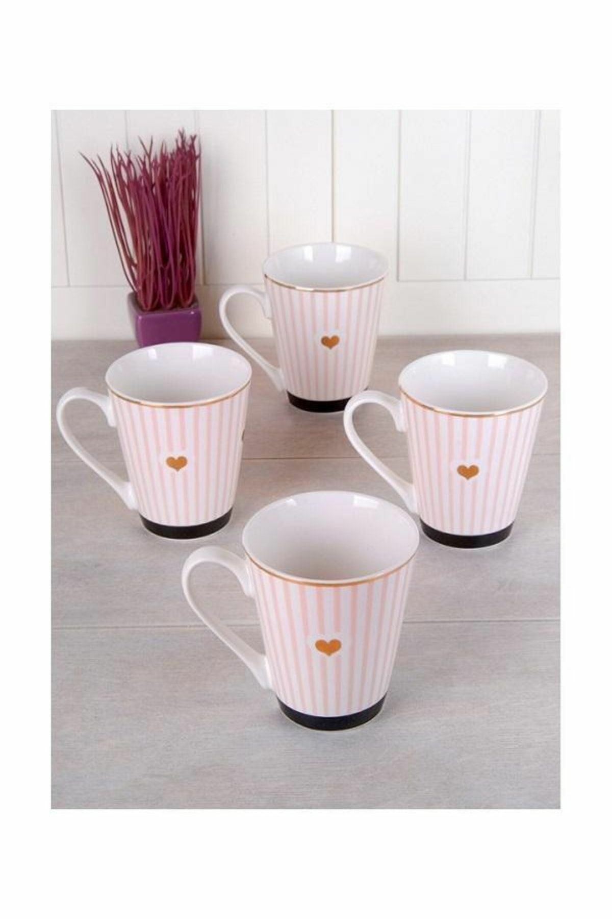 Acr 7352 Porselen Pembe Çizgili Kalpli Kupa