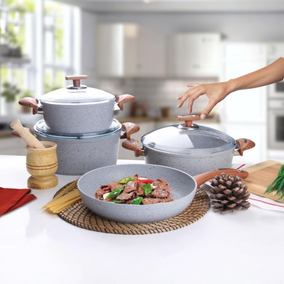 OMS OMS 3105/G Tencere Seti Granit Gri 7 Parça